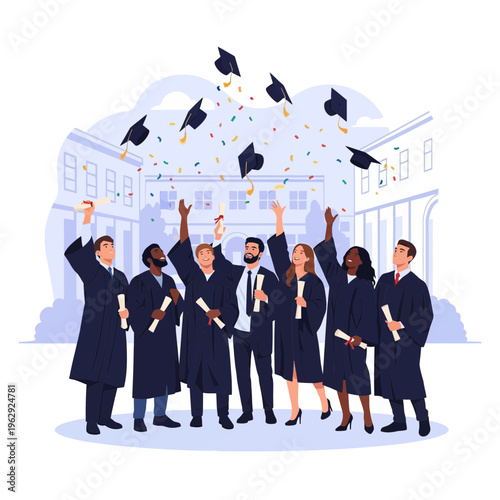 Diverse group of graduates in academic robes celebrating with diplomas and throwing caps in the air
