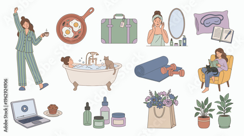 Female executive morning routine and self care illustration set featuring wellness activities and lifestyle icons, concept for work life balance, employee wellbeing and professional success