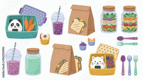Cute school lunch set featuring animal shaped bento boxes, healthy salad jars, sandwich bags and fruit smoothies, concept for healthy meal planning, nutritious snacks and balanced lifestyle