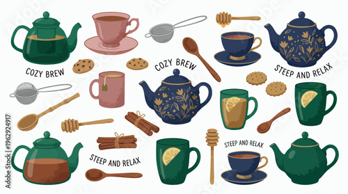 Vintage tea set collection with teapots, mugs, cookies and honey dippers on white background, concept for cafe menu branding, lifestyle blog graphics and beverage packaging design