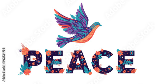Stylized colorful bird flies over the word peace decorated with beautiful blooming flowers and green leaves on a clean white background.