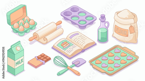 Isometric baking ingredients and tools with eggs flour milk rolling pin and recipe book on white background, concept for culinary school blog, pastry shop promotion and homemade dessert tutorial