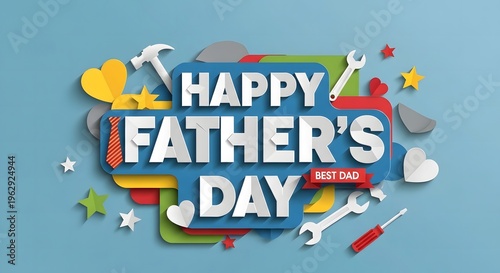 Vibrant happy father's day graphic with colorful tools and bold typography