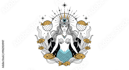 Mystical mermaid goddess surrounded by pufferfish and small sea creatures in a decorative underwater scene with celestial stars and waves.