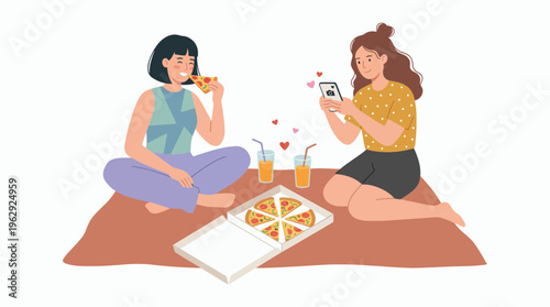 Two young cheerful friends having an outdoor picnic eating pizza and taking photos with smartphone on a mat, concept for social media marketing, friendship lifestyle and food delivery advertisement