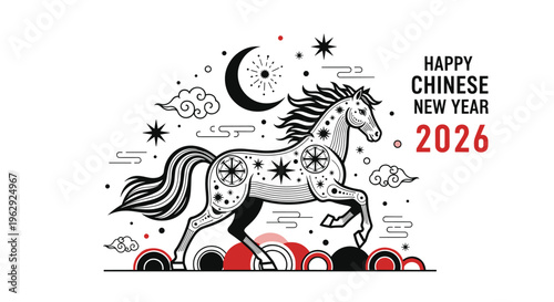 Artistic illustration celebrating the 2026 chinese new year of the horse featuring celestial motifs with stars and a crescent moon backdrop.