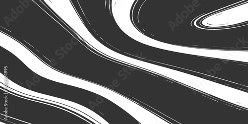 Abstract black and white background featuring a 3d winding road with wave patterns and curved lines for a decorative motion vector illustration
