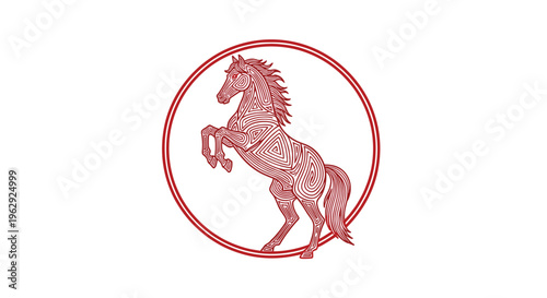 Red line art illustration of a powerful horse rearing up inside a circular frame on a minimalist white background for modern design projects.