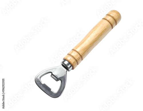 Wooden handled metal bottle opener against a white background