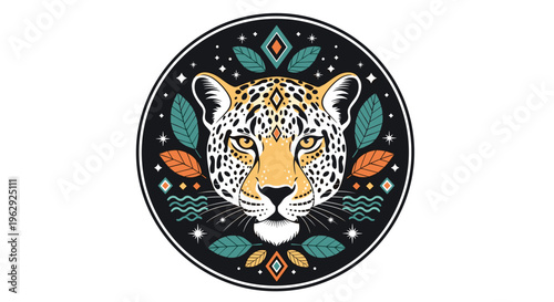 Powerful jaguar head illustration in a circular frame decorated with green and orange leaves and ethnic geometric shapes on black background.