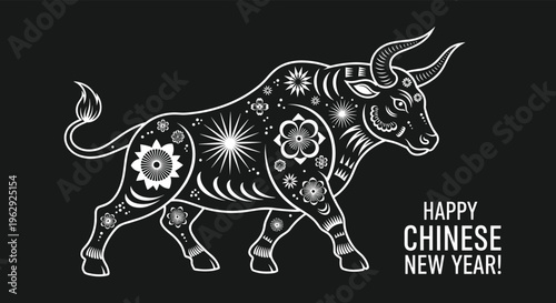 Strong ox decorated with traditional chinese patterns and floral motifs for the lunar new year celebration on a dark contrasting background.