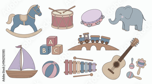 Collection of vintage style baby toys including rocking horse drum blocks train and musical instruments isolated on white, concept for nursery decor, educational materials and children illustration