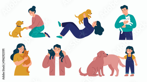 Diverse corporate managers and office workers hugging and playing with their pet cats and dogs, flat vector illustration set, concept for work life balance, animal welfare and pet ownership