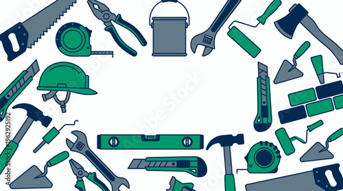Various construction and handyman tools icons arranged as frame border on white background with copy space, concept for home renovation, building maintenance and hardware store marketing