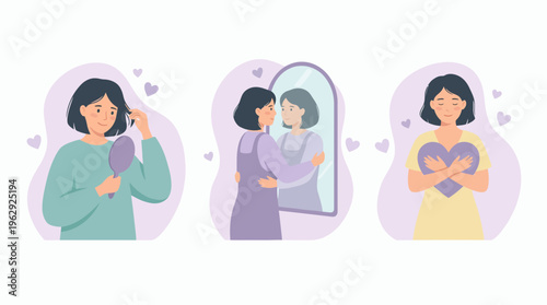 Illustration of a young female freelancer looking in mirror and hugging a big heart with love icons, concept for mental health care, self-love practice and psychological well-being