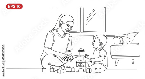 Mother and toddler playing with blocks on living room floor with window