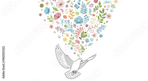 Symbolic white dove of peace flies through the air leaving a trail of colorful flowers and green leaves in its wake on a white background.