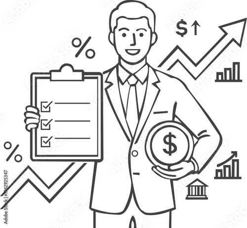 Minimal line art vector illustration of a businessman holding a checklist and dollar coin, representing financial planning and budgeting success