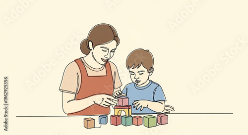 Woman and child building colorful blocks together on table indoors
