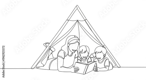 Mother and children reading together inside cozy tent