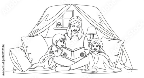 Mother reading book to two children in cozy indoor tent made of pillows and blankets