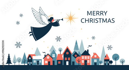 Christmas angel flying over a quaint winter village at night blowing a trumpet towards a bright star with merry christmas text and snowflakes.