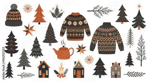 Cozy winter elements collection including knitted sweaters and hats with christmas trees and houses in a warm rustic color palette on white.