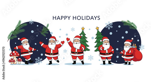 Cheerful holiday illustration with several santas in different joyful poses among christmas trees and falling snow with happy holidays text.