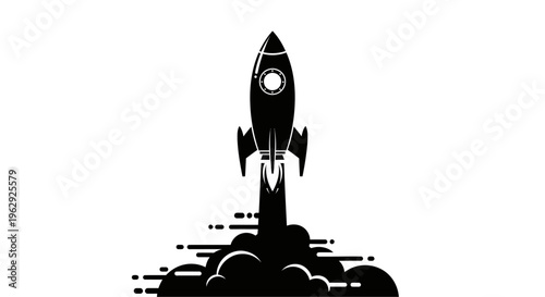 a black silhouette of a rocket launching into the sky with clouds and motion lines, representing innovation and progress