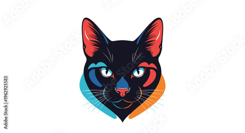 Stylized portrait of a black cat with red and blue accents and white whiskers against a clean white background in a modern minimalist style.