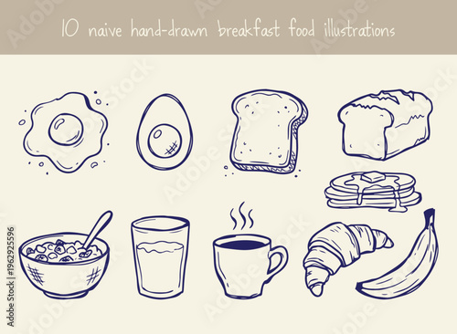 Ten naive hand drawn breakfast food illustrations in dark blue ink on beige background including egg bread coffee and fruit icons for morning cafe menus or culinary lifestyle blog content.