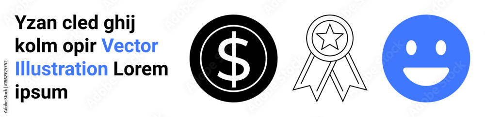 Obraz premium Financial success, achievement recognition, online services, business concepts, customer satisfaction, and positivity. Black dollar sign, outlined badge and blue smiling face. Financial success