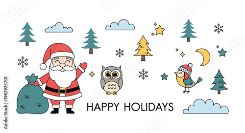 Festive holiday scene with santa claus waving next to an owl and bird among pine trees and snowflakes with happy holidays text at the bottom.