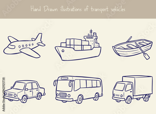 Hand drawn illustrations of transport vehicles doodle style line art set including an airplane, cargo ship, rowboat, car, bus, and delivery truck on a light background.