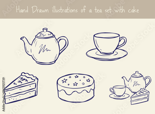 Hand drawn illustrations of a tea set with cake doodle style line art illustration including a teapot, teacup with saucer, slice of cake, whole cake, and a combined set.