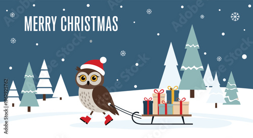 Cute owl wearing a santa hat and red boots pulling a wooden sled filled with wrapped gifts through a snowy winter landscape at christmas.