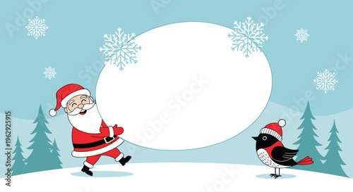 Jolly santa claus and a small bird in a winter hat standing next to a large blank white speech bubble in a snowy landscape with pine trees.