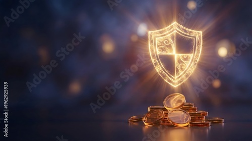 Glowing Golden Shield Icon with Ornate Pattern Above Stack of Gold Coins