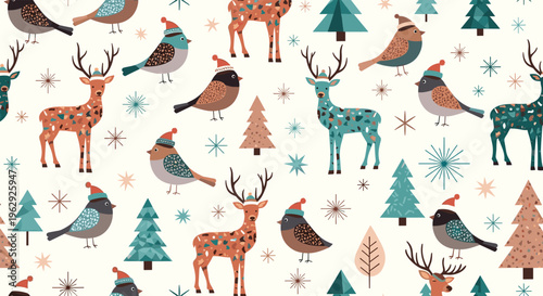 Winter forest seamless pattern featuring reindeer and birds wearing colorful hats among snowy pine trees and various snowflakes on a beige base.