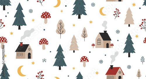 Whimsical winter village seamless pattern with cozy houses and pine trees among red mushrooms and golden crescent moons under a starry sky.