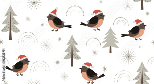 Charming seamless pattern with small birds wearing santa hats among minimalist grey pine trees and decorative snowflakes on a white background.