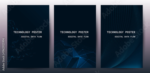 Technology Banner Poster set. Futuristic digital data wave glowing lines. Data science concept tech banner, corporate business presentation or booklet technology