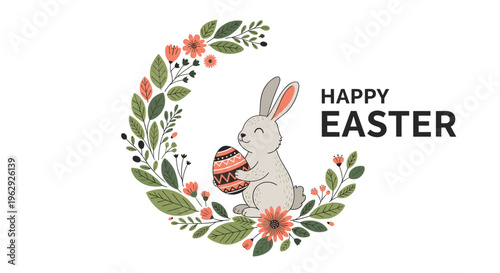 Cute gray bunny rabbit holding an Easter egg surrounded by a beautiful floral wreath made of flowers and green leaves.