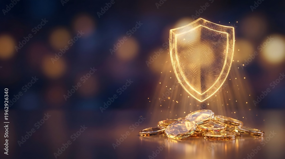 Obraz premium Digital Particle Glowing Shield Icon Protecting a Pile of Golden Coins
