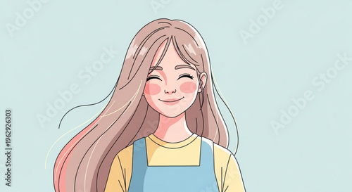 Smiling young woman with long hair and blue overalls on a light background happy and carefree