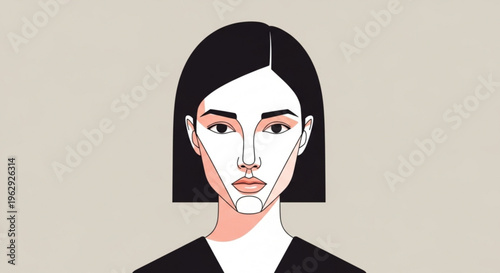 Woman with black hair and white face paint on chin looking forward on beige background