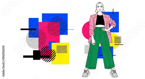 Woman standing confidently in front of vibrant geometric shapes and colorful abstract background