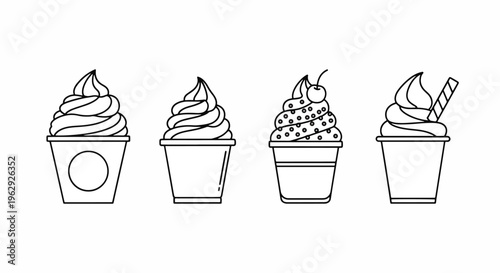 Four different flavors of frozen yogurt in cups line up