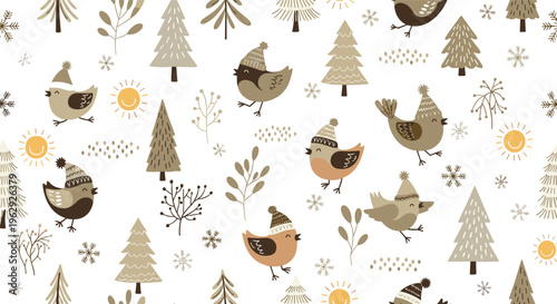 Seamless pattern featuring cute birds wearing winter hats, stylized pine trees, snowflakes, and suns in a neutral earthy color palette.