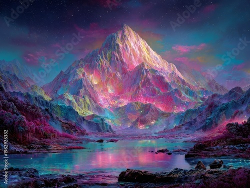 vibrant mountain peak with colorful aurora reflection in lake